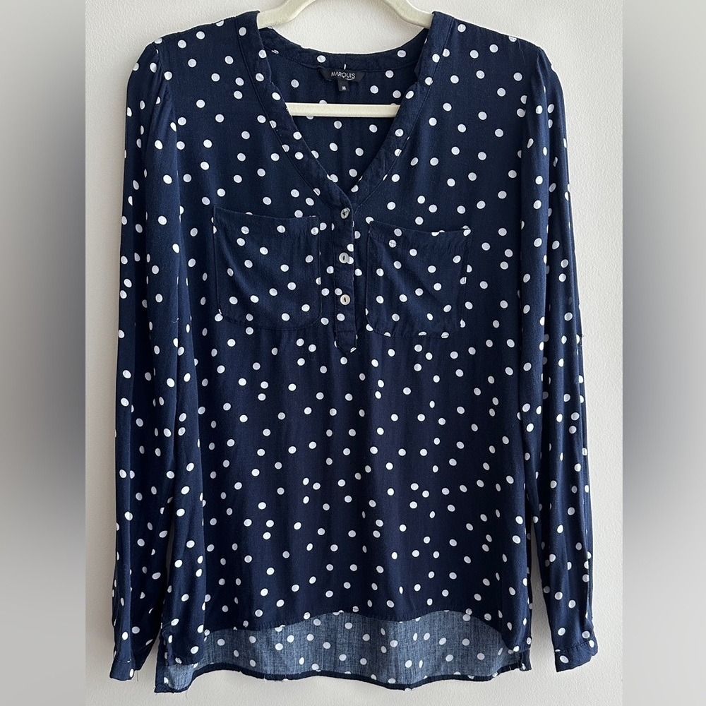 Marquis Navy Blue and White Polka Dot High-Low Hem Blouse, Size Medium